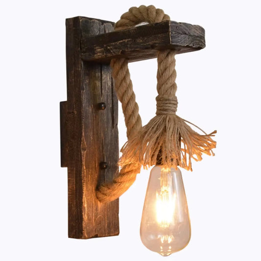 Vintage Wood Hemp Rope Wall Lamp – Industrial Retro Lighting