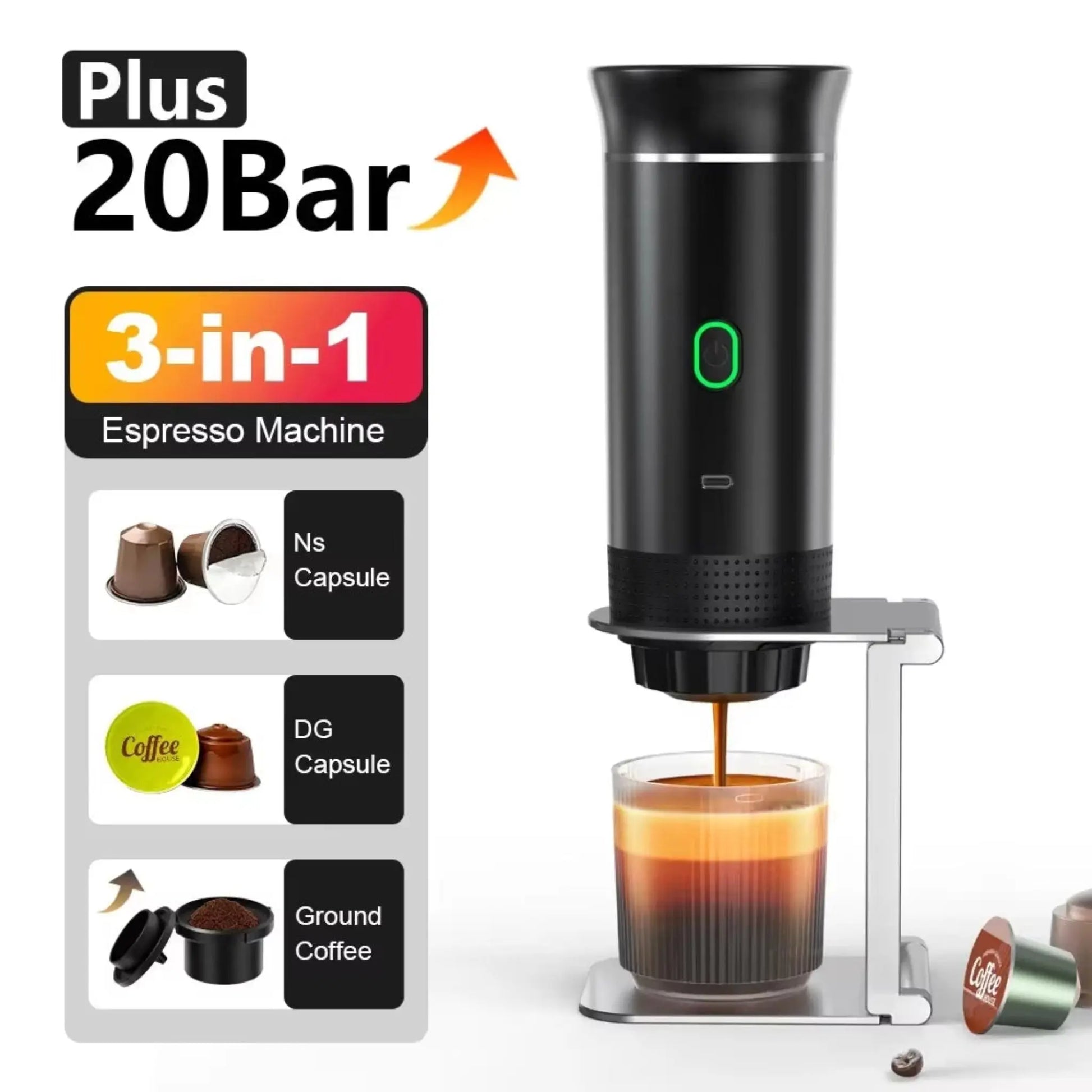 Wireless Portable Espresso Coffee Machine – 20 Bar, 3-in-1 Capsule