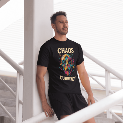 Man wearing a black t-shirt with colorful graphic and text, standing in a modern indoor setting.