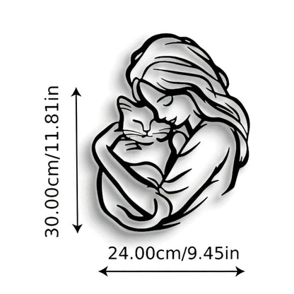 Cat Lover Metal Wall Art – Woman Hugging Cat Silhouette