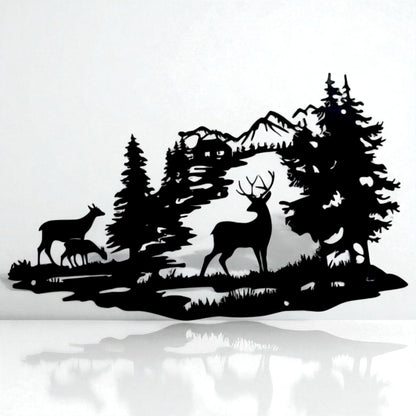 Deer Forest Silhouette Metal Wall Art – Rustic Cabin Home Decor
