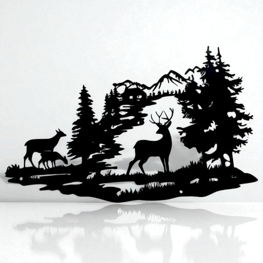 Deer Forest Silhouette Metal Wall Art – Rustic Cabin Home Decor