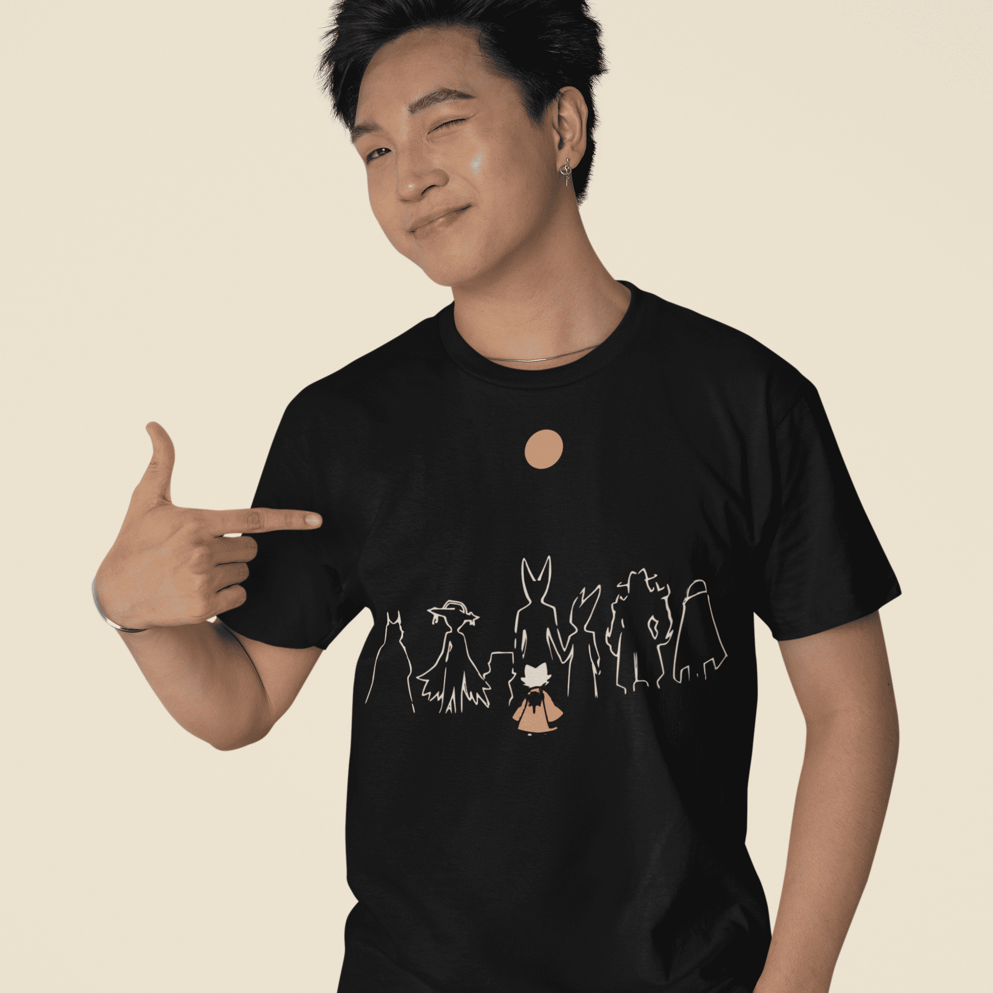 Male model wearing the Nine Sols Character Tee – Under the Golden Sol in a relaxed studio pose.