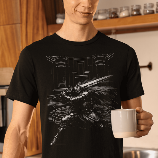 Person wearing a black t-shirt with a graphic design, holding a white mug in a kitchen.