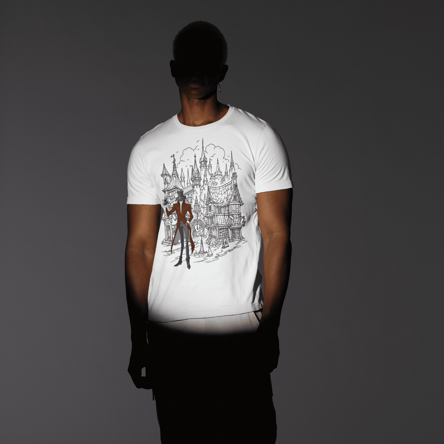Full-body front view of a model wearing the white Crowsworn Gothic Hunter T-Shirt with the front design visible