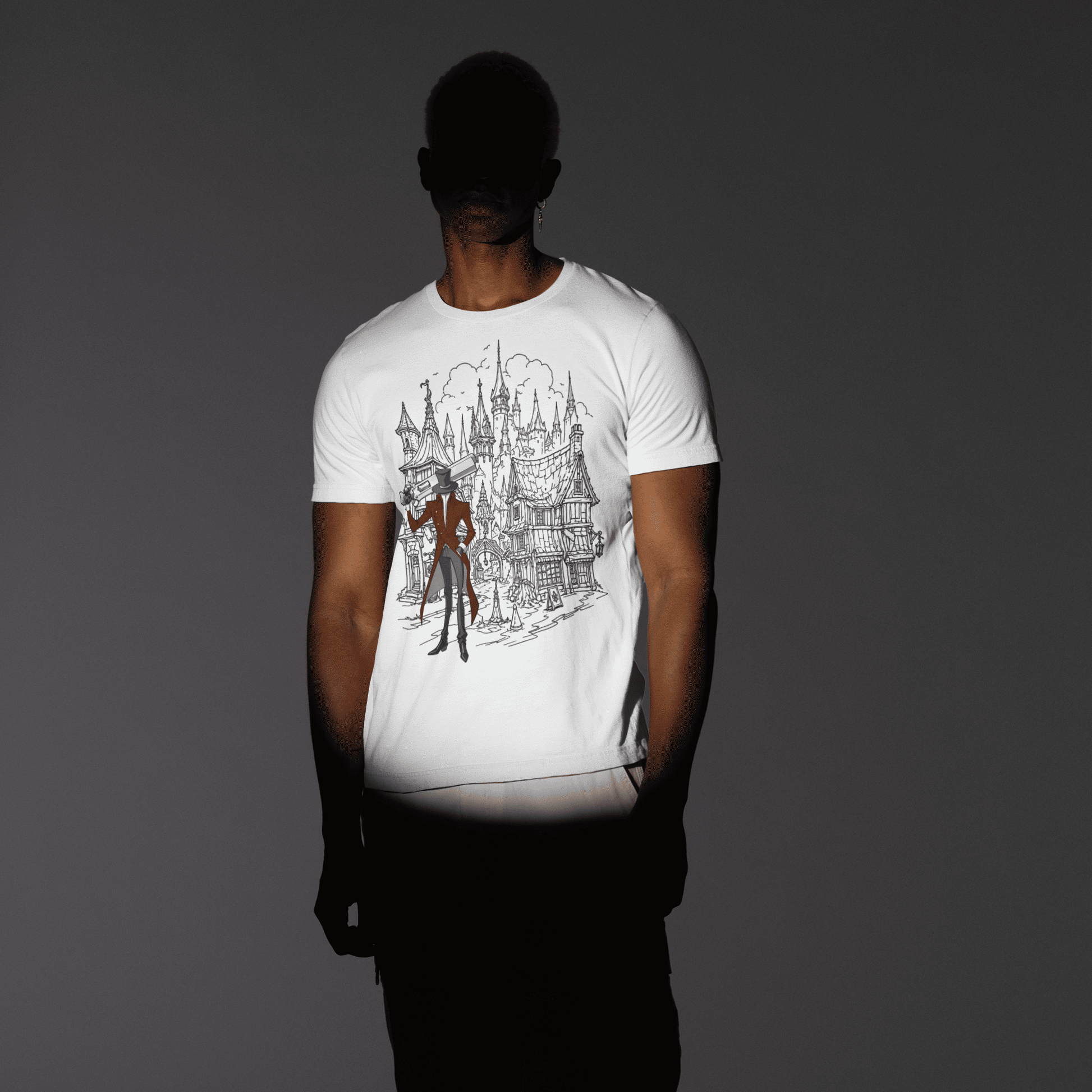 Full-body front view of a model wearing the white Crowsworn Gothic Hunter T-Shirt with the front design visible