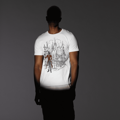 Full-body front view of a model wearing the white Crowsworn Gothic Hunter T-Shirt with the front design visible