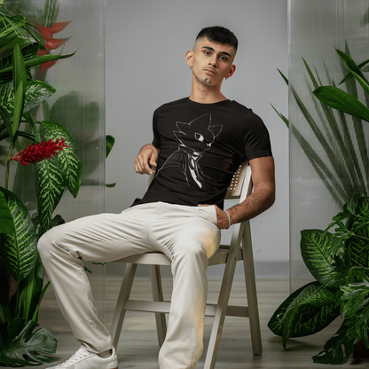 Male model seated indoors wearing the black Nine Sols T-Shirt – Silent Resolve Taopunk Portrait in a lifestyle setting with tropical plants.