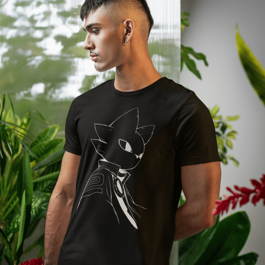 Side profile of a male model wearing the black Nine Sols T-Shirt – Silent Resolve Taopunk Portrait beside lush indoor greenery.