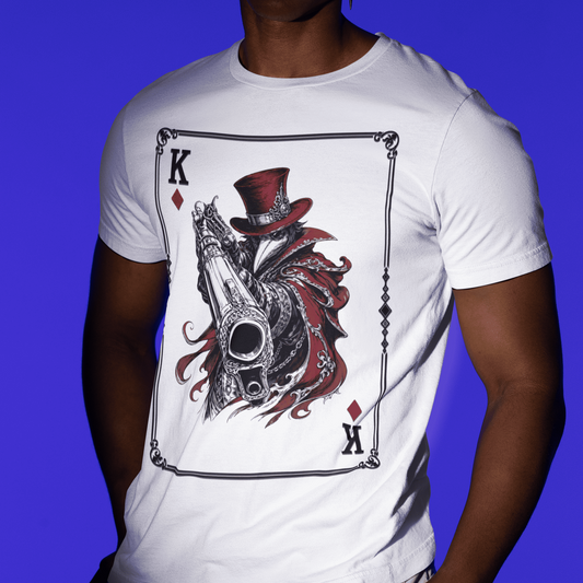 Close-up front view of a model wearing the white Crowsworn King of Diamonds T-Shirt featuring card-inspired dark fantasy artwork