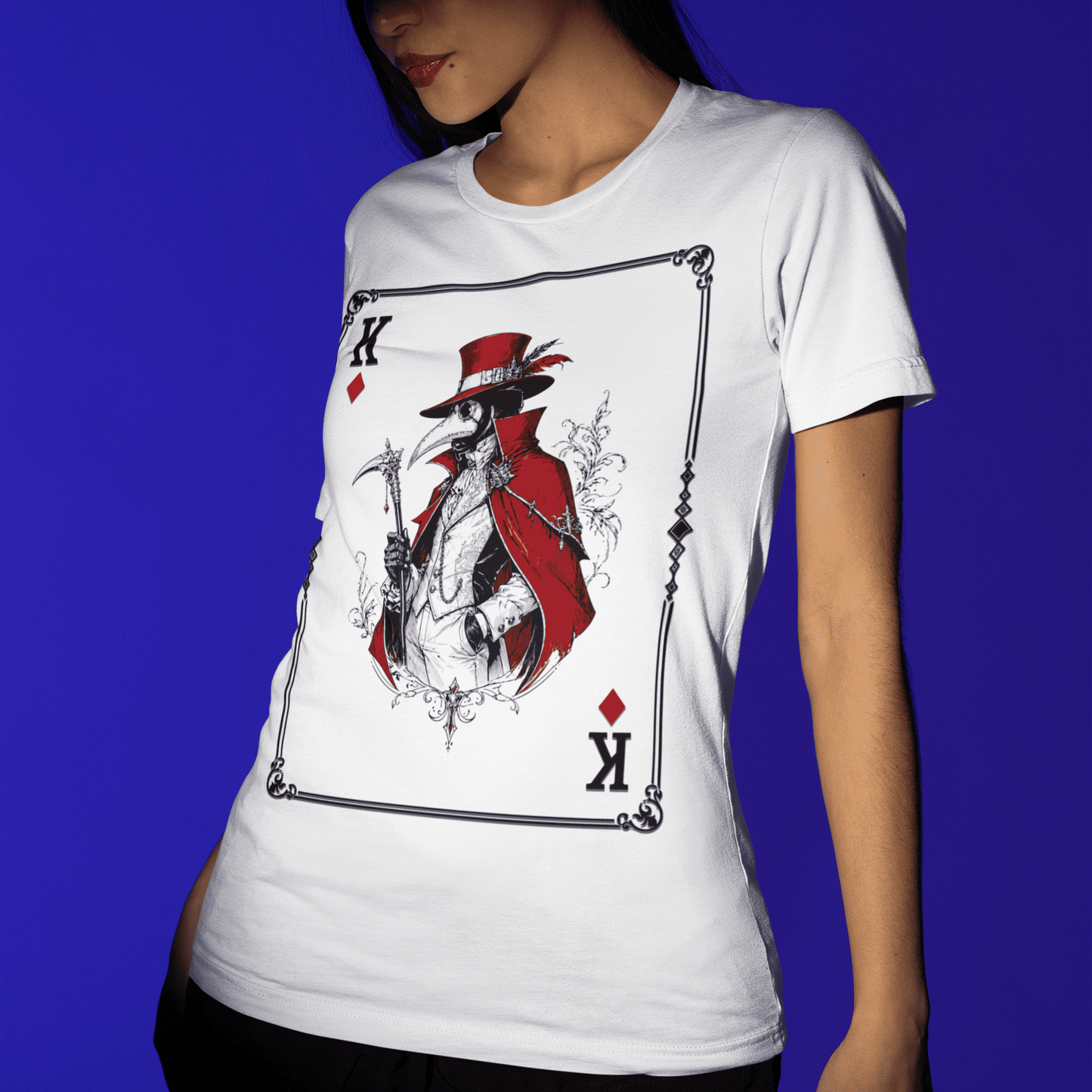 Angled front view of a model wearing the white Crowsworn Masked King T-Shirt with Crimson Card artwork