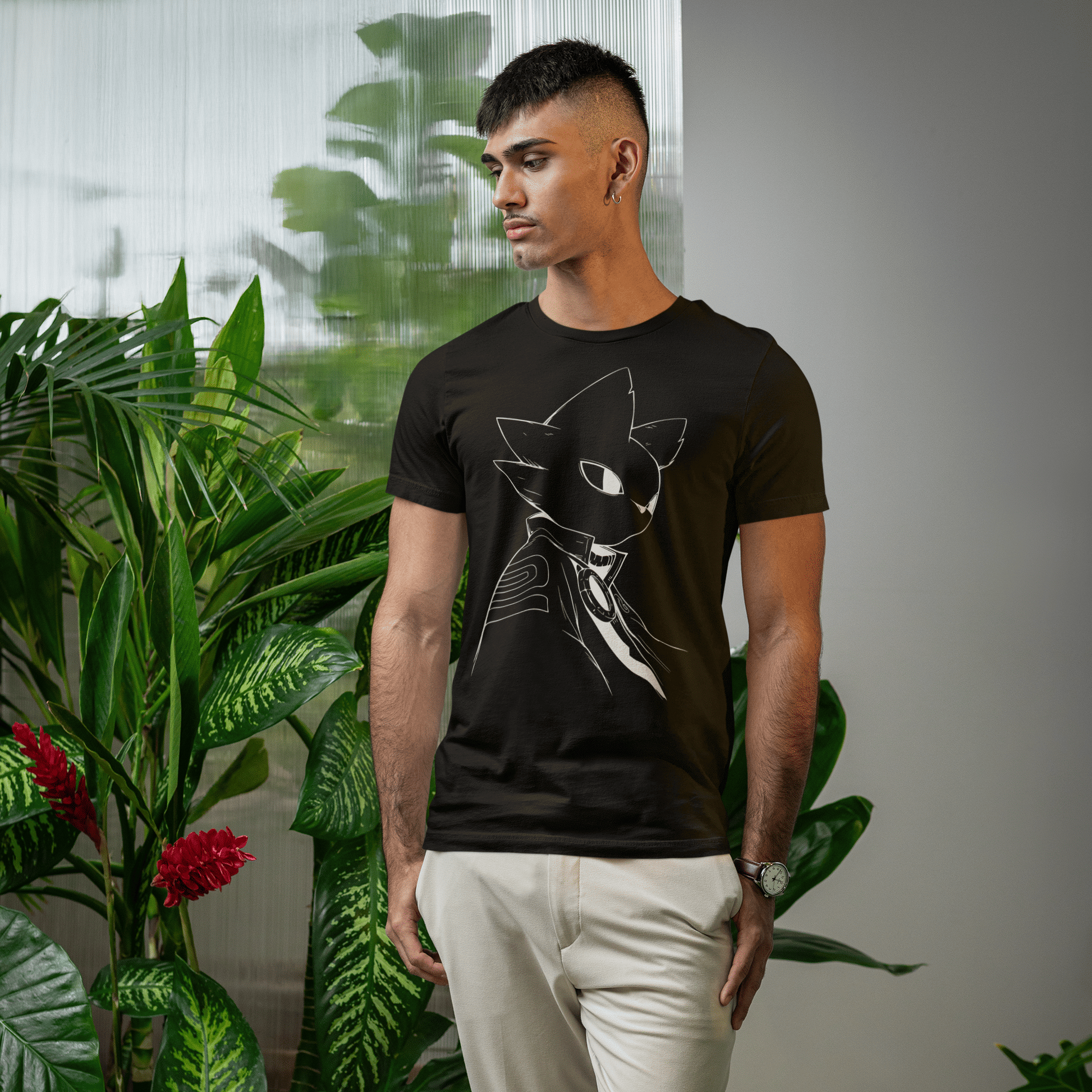 Full-body view of a male model wearing the black Nine Sols T-Shirt – Silent Resolve Taopunk Portrait in a modern indoor plant-filled setting.