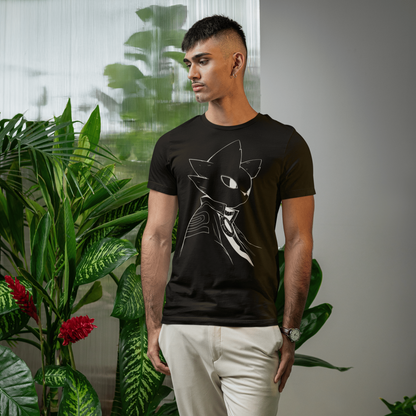 Full-body view of a male model wearing the black Nine Sols T-Shirt – Silent Resolve Taopunk Portrait in a modern indoor plant-filled setting.