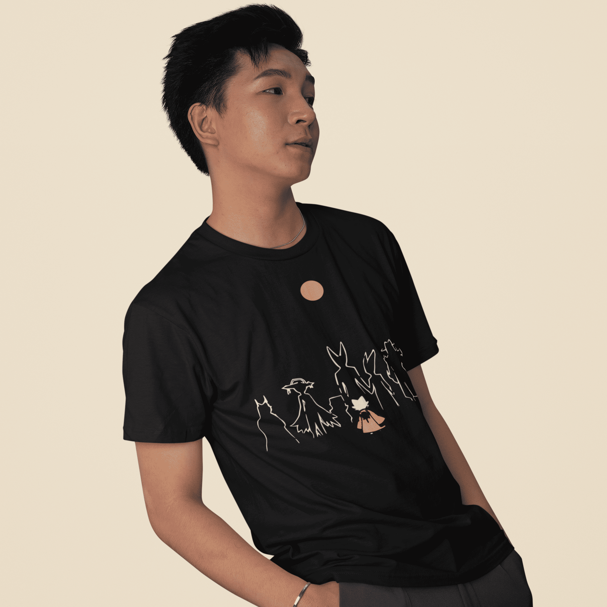 Side view of a model wearing the Nine Sols Character Tee – Under the Golden Sol against a neutral background.