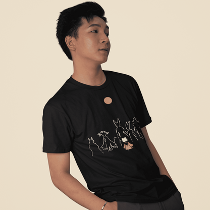 Side view of a model wearing the Nine Sols Character Tee – Under the Golden Sol against a neutral background.