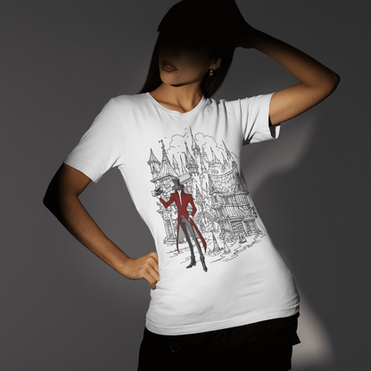 Front pose of a model wearing the white Crowsworn Gothic Hunter T-Shirt with dark fantasy artwork