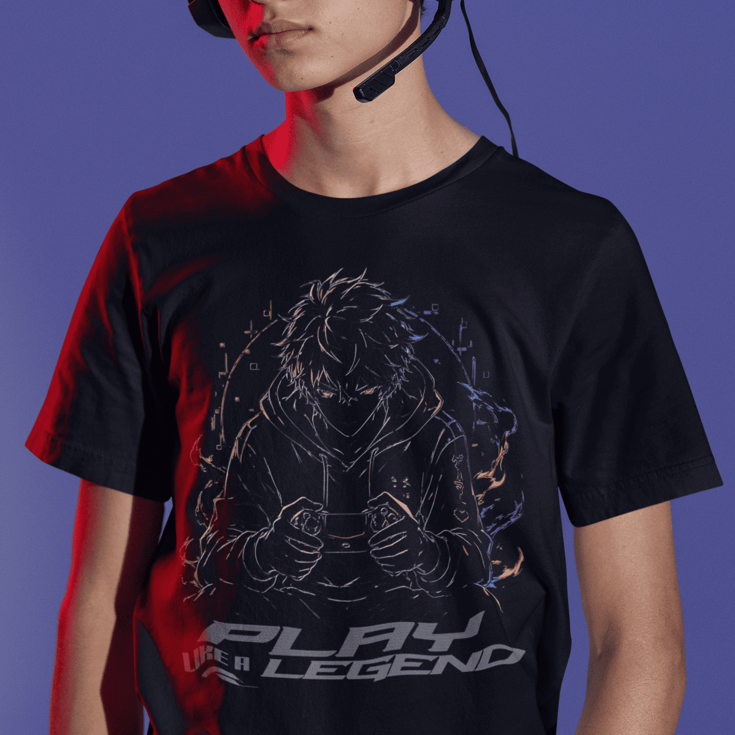 Close front view of Play Like a Legend Gamer T-Shirt – Anime Player Mode with anime gamer artwork visible