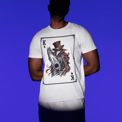 Front view of a model wearing the white Crowsworn King of Diamonds T-Shirt with the Crimson Gambit design visible