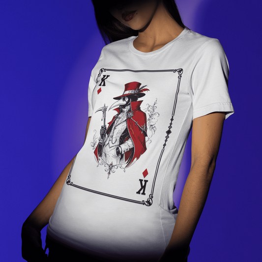 Close-up angled view of a model wearing the white Crowsworn Masked King T-Shirt featuring dark fantasy card artwork
