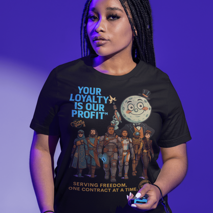 Person wearing a black t-shirt with graphic design and text on a purple background