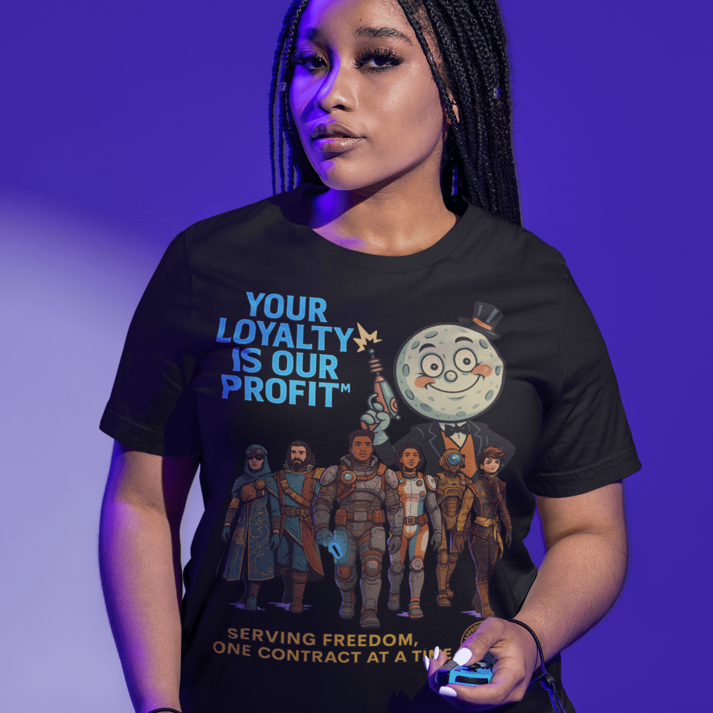 Model wearing The black Outer Worlds 2 Loyalty Is Our Profit T-Shirt showing front poster graphic while holding a game controller