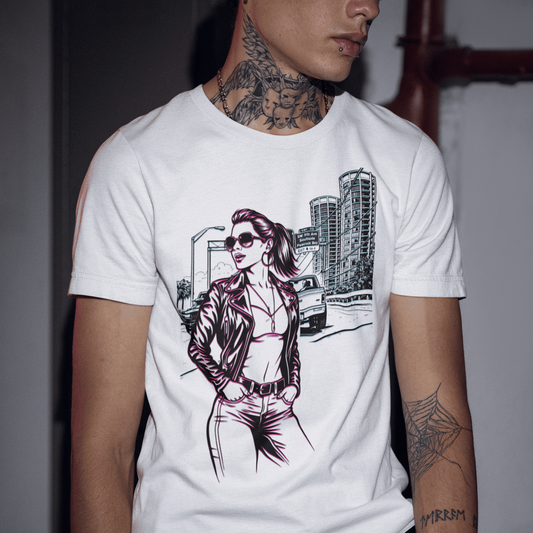 Model wearing the white GTA City Escape Tee inspired by Grand Theft Auto VI featuring a female character design in a neon cityscape