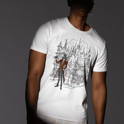 Back view of a model wearing the white Crowsworn Gothic Hunter T-Shirt with ruined kingdom artwork