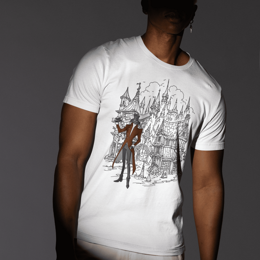 Back view of a model wearing the white Crowsworn Gothic Hunter T-Shirt with ruined kingdom artwork
