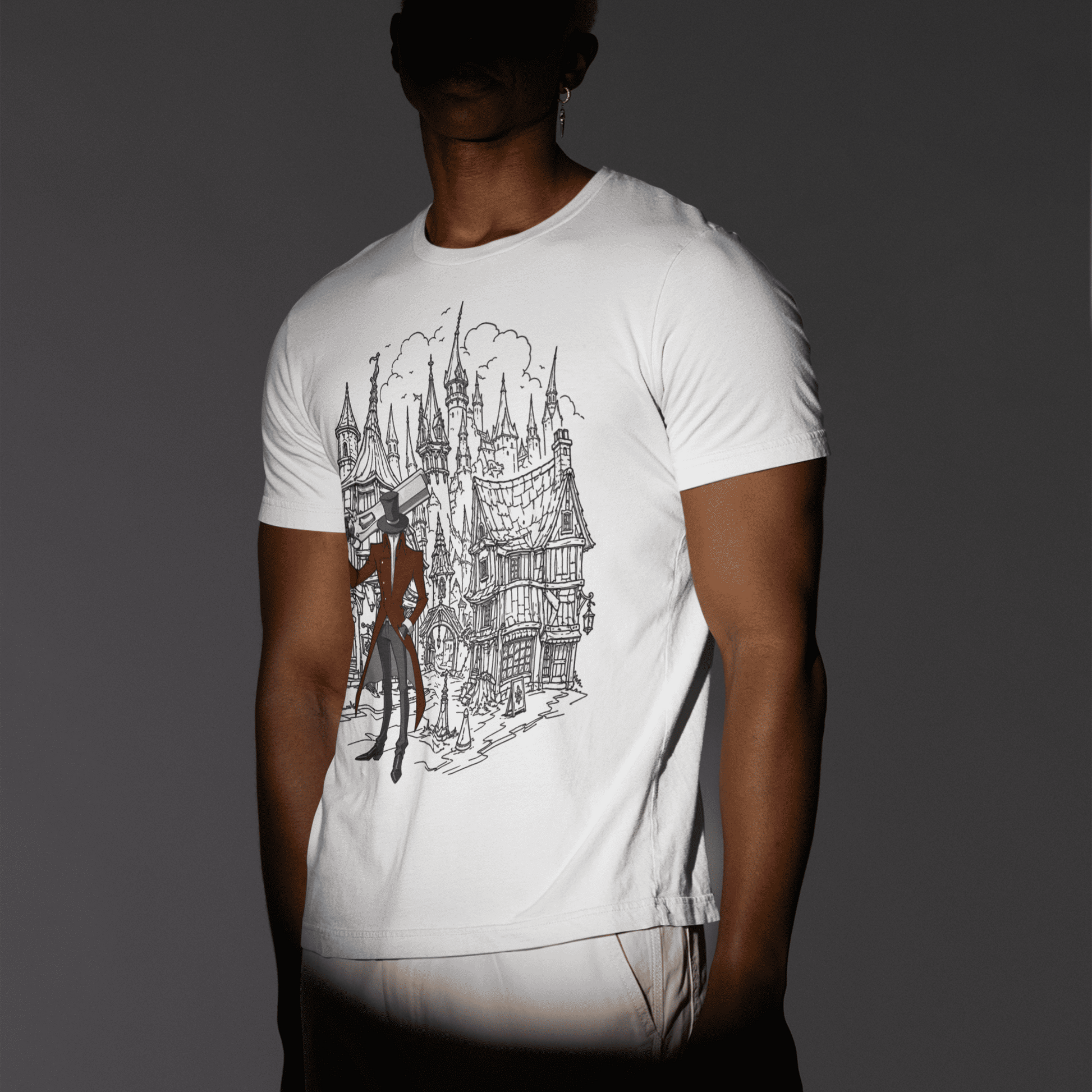 Angled back view of a model wearing the white Crowsworn Gothic Hunter T-Shirt