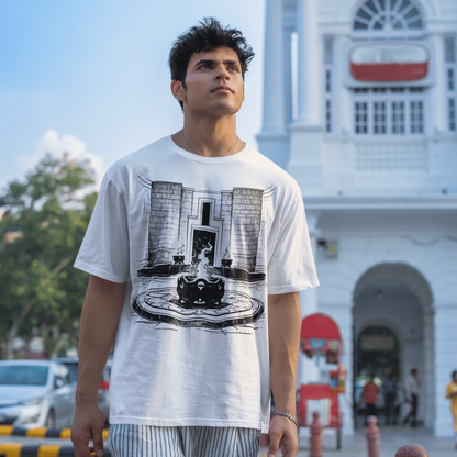 Man wearing a white t-shirt with a graphic design in front of a building