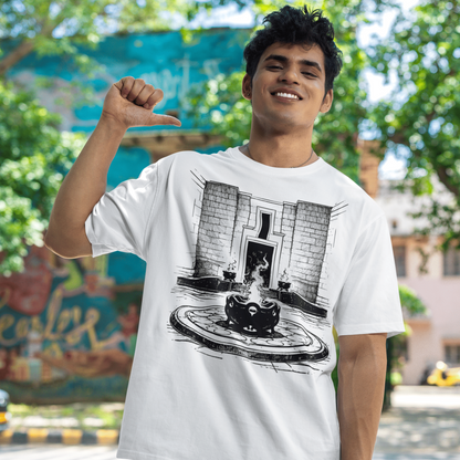 Person wearing a white t-shirt with a black and white graphic design outdoors.