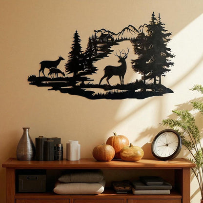 Deer Forest Silhouette Metal Wall Art – Rustic Cabin Home Decor
