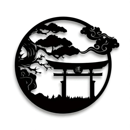 Torii Gate & Bonsai Tree Metal Wall Art – Japanese Samurai Decor