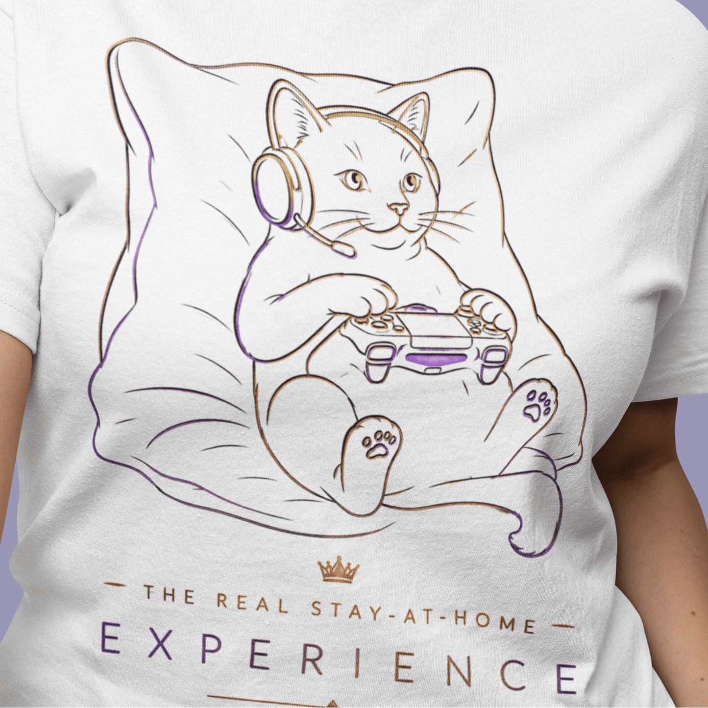 Close front view of The Real Stay-at-Home Experience Gamer T-Shirt with the design centered on the chest