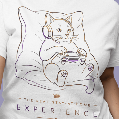 Close front view of The Real Stay-at-Home Experience Gamer T-Shirt with the design centered on the chest