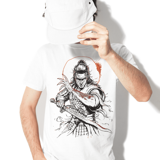 Front model view of The Blood of Dawnwalker Coen Sword T-Shirt with sword artwork on a white tee.