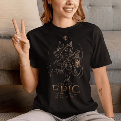 Casual couch view of Life Is an Epic Quest Gamer T-Shirt with Adventure Cat Art worn in a relaxed gamer pose
