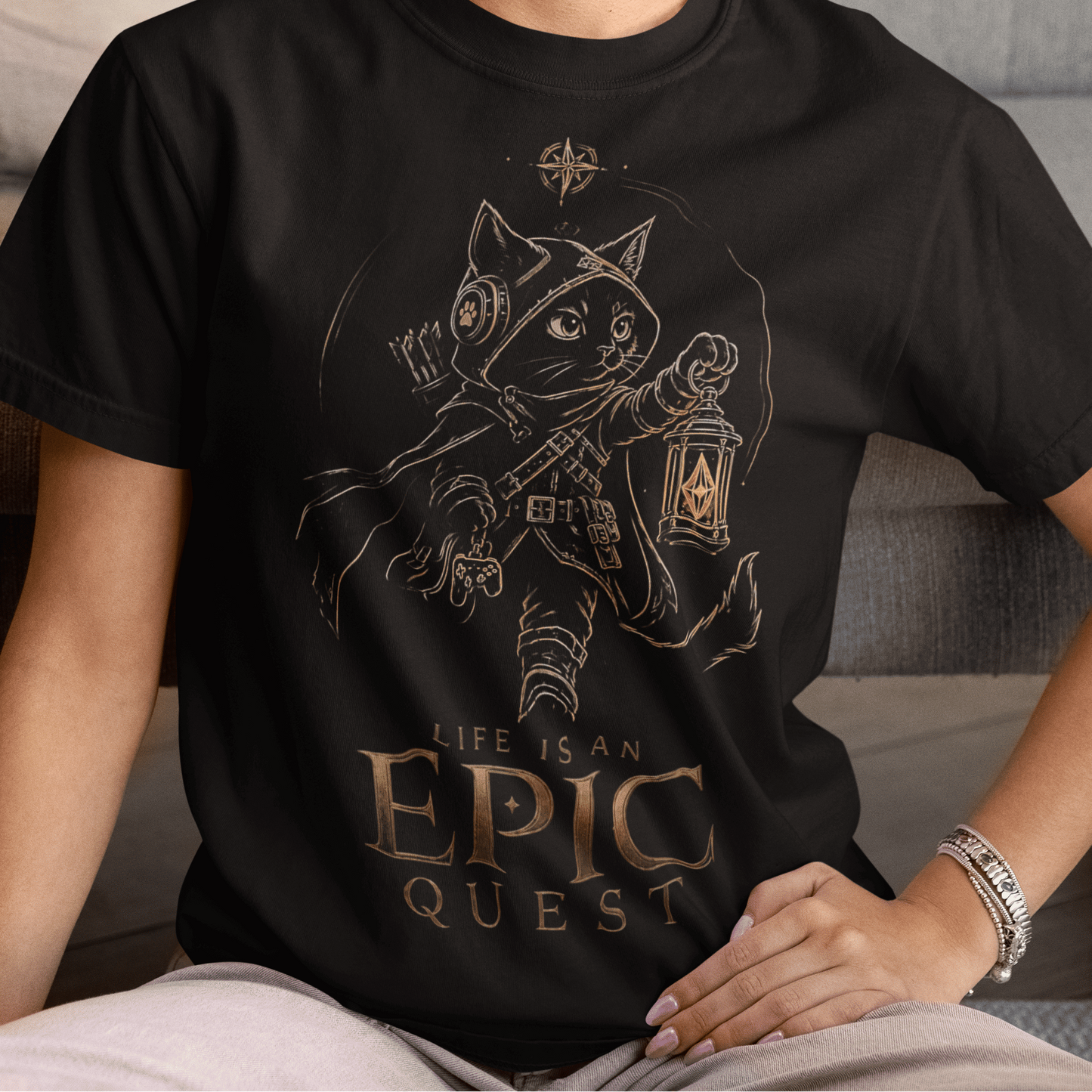 Seated front view of Life Is an Epic Quest Gamer T-Shirt with Adventure Cat Art showing the full graphic design