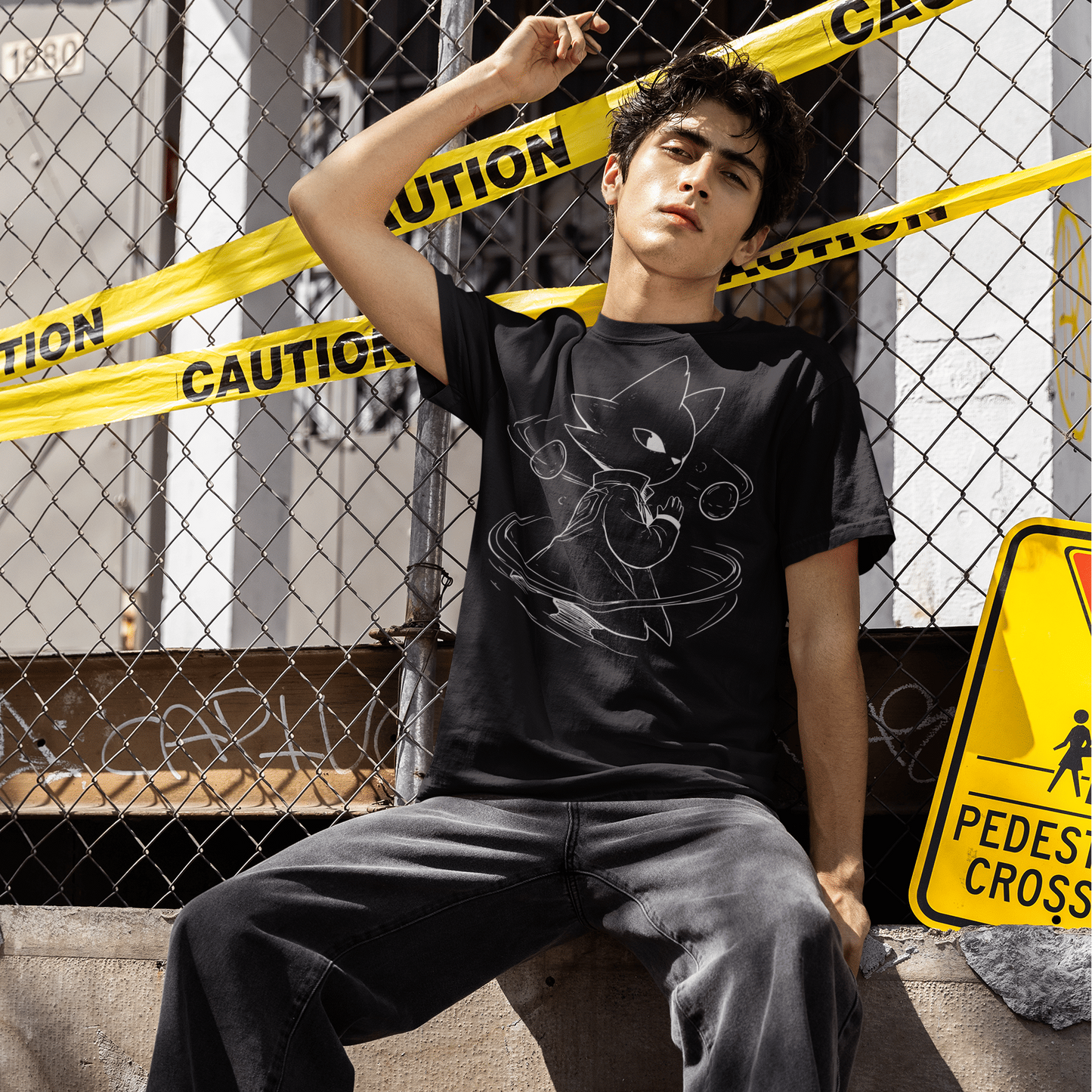 Front view of a model in the Nine Sols Graphic Tee – Orbiting Focus Taopunk Motion with a relaxed city street pose.