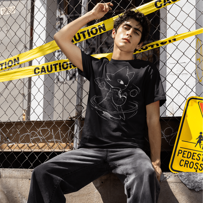 Front view of a model in the Nine Sols Graphic Tee – Orbiting Focus Taopunk Motion with a relaxed city street pose.