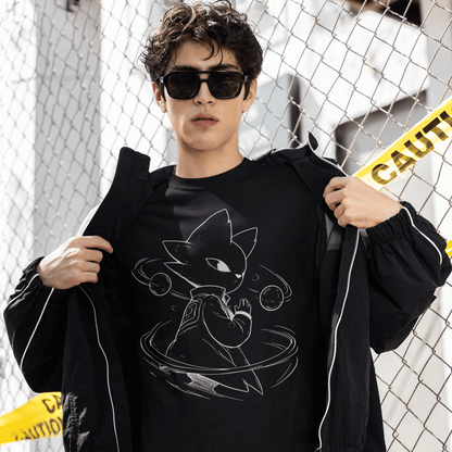 Male model styling the black Nine Sols Graphic Tee – Orbiting Focus Taopunk Motion with an open jacket in an outdoor urban scene.
