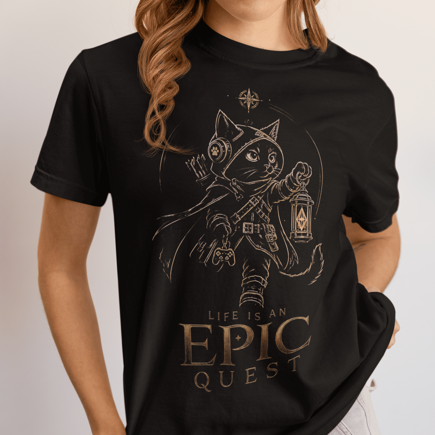 Standing front view of Life Is an Epic Quest Gamer T-Shirt with Adventure Cat Art with the artwork clearly visible