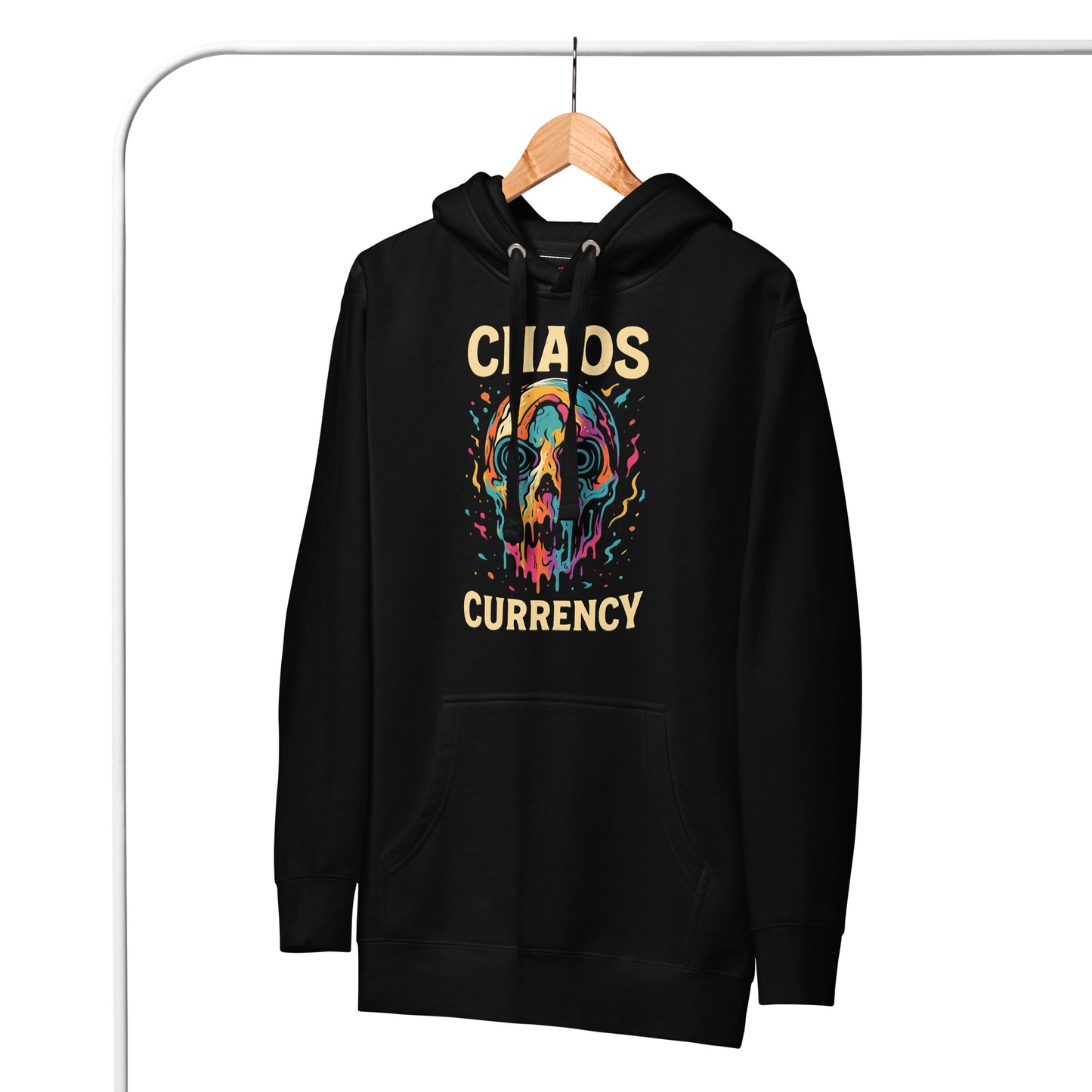 Borderlands 4 Chaos Currency Hoodie featuring vibrant dripping skull design on a black background.