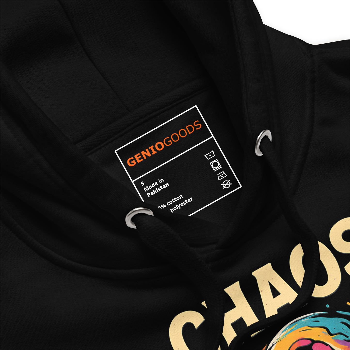 Close-up of Borderlands 4 Chaos Currency Hoodie label, showcasing fabric care and brand details.