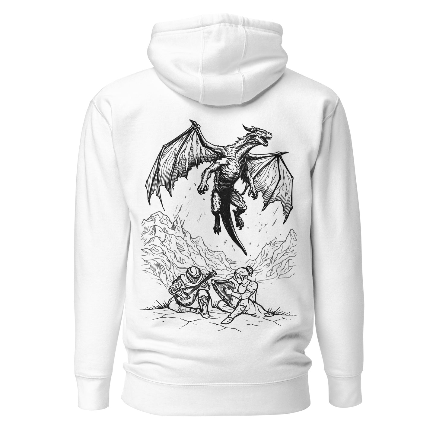 White hoodie with a black and white graphic of a dragon and two people on the back.