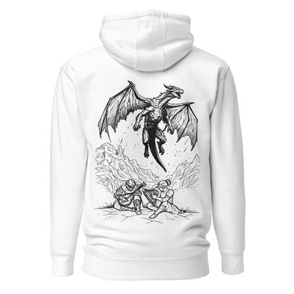 White hoodie with a black and white graphic of a dragon and two people on the back.