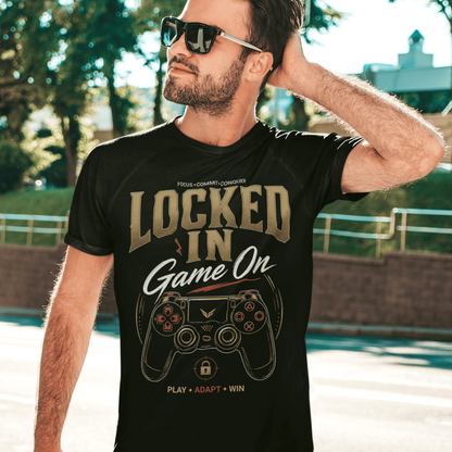 Male gamer wearing Locked In Gamer T-Shirt with focus mode artwork while adjusting his sunglasses outdoors.