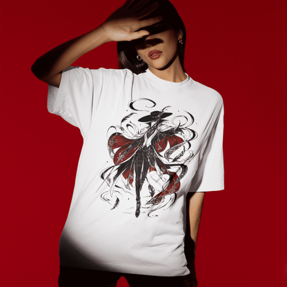 Model wearing the Crowsworn Crimson Wraith T-Shirt, showing the front design and relaxed fit
