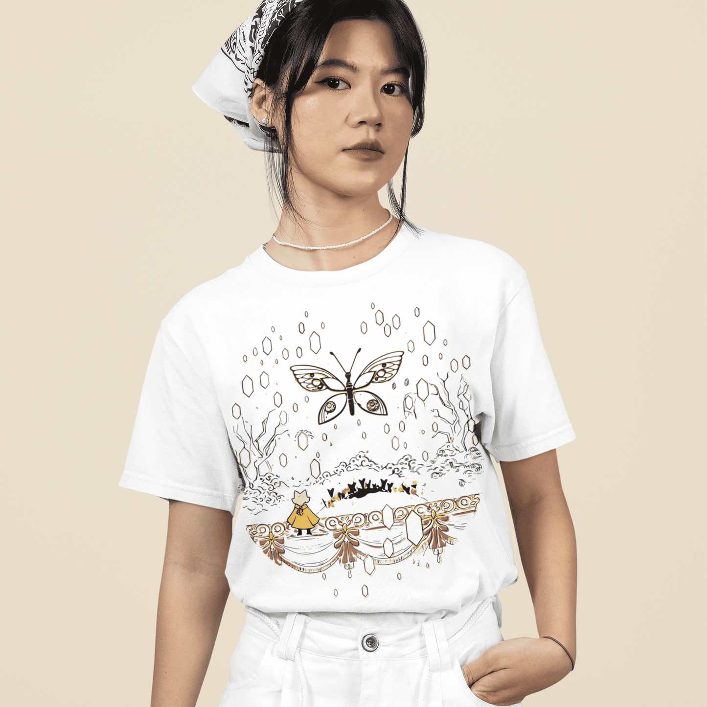 Female model wearing the white Nine Sols Butterfly Tee – Golden Echo in a relaxed studio pose.