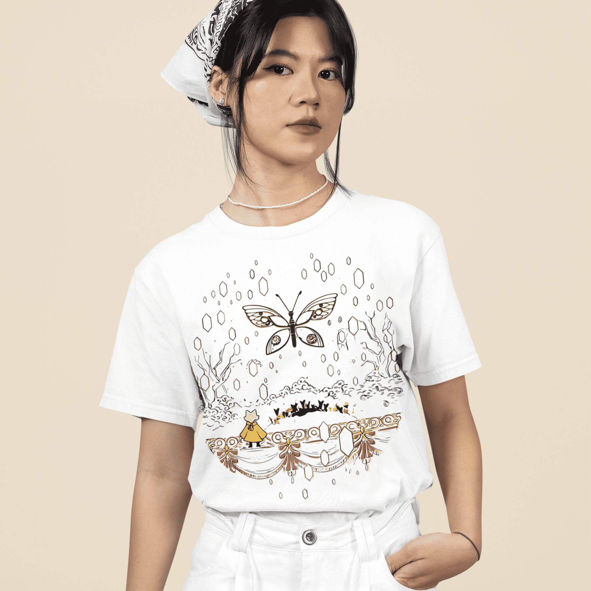 Female model wearing the white Nine Sols Butterfly Tee – Golden Echo in a relaxed studio pose.